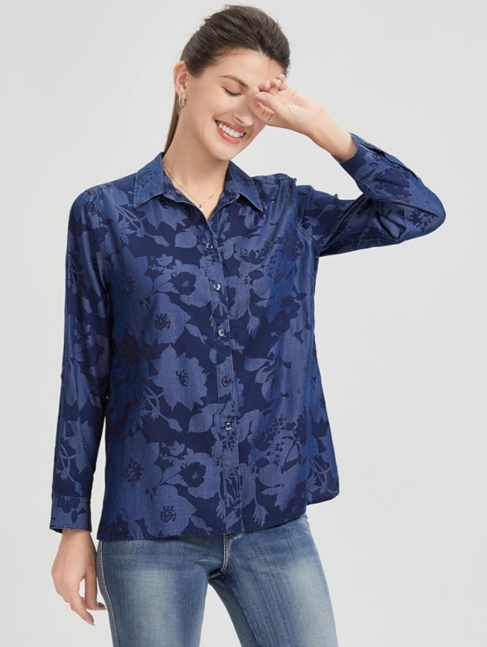 KYAL Navy Floral Button-Up Shirt - Women's Long Sleeve Top Sz Sml NWT